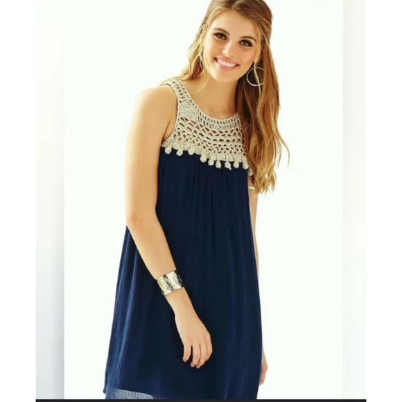 Lilly Pulitzer True Navy and Cream Rachelle Sleeveless Crochet Top Dress Small - Picture 1 of 9